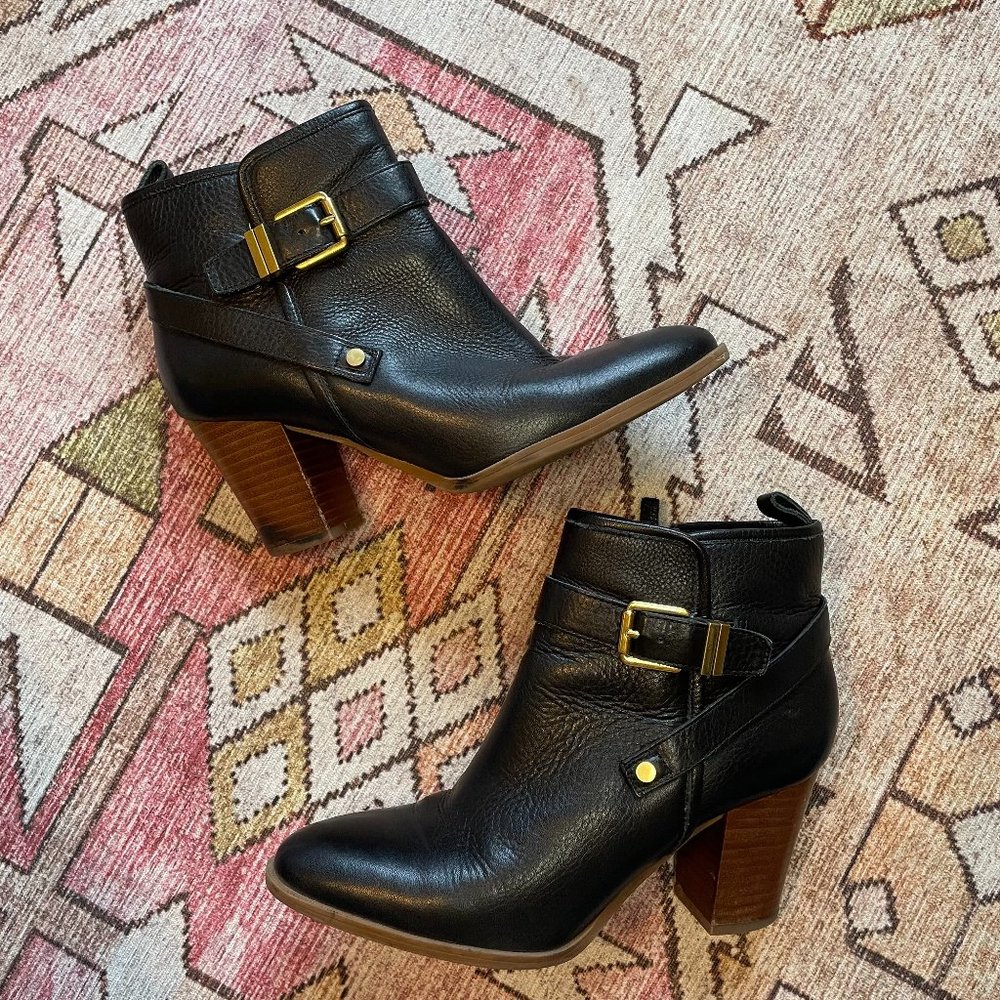 Franco Sarto Black Leather Boots with Wood Heel